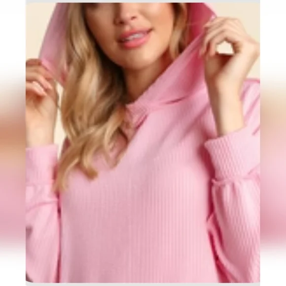 PINK TEXTURED OVERSIZED PULLOVER WITH KANGAROO POCKET./., - Picture 1 of 6